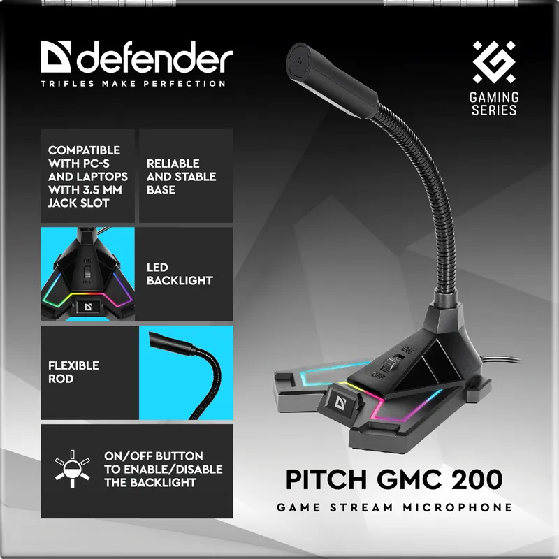 Defender - Mikrofon do transmisji strumieniowej gier Pitch GMC 200